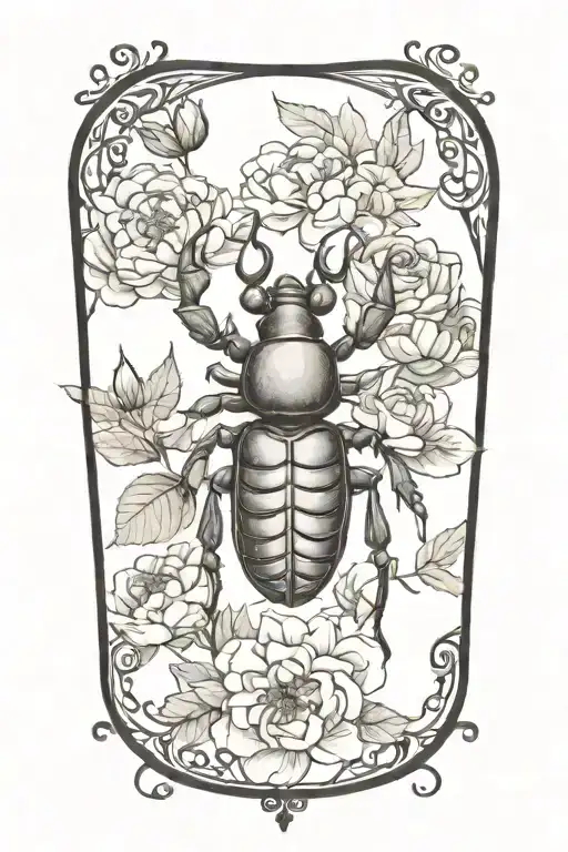 stag beetle with peonies in the background tattoo design idea
