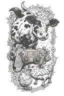 A cow and a silkie chicken playing video games together tattoo design idea