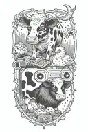 A cow and a silkie chicken playing video games together tattoo design idea