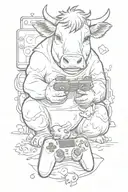 A cow and a silkie chicken playing video games together tattoo design idea