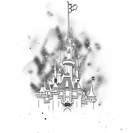 Disney castle with rainbow, watercolor, splash tattoo design idea
