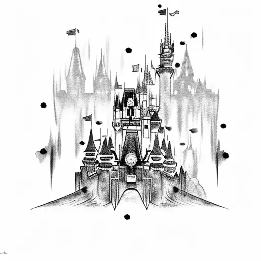 Disney castle with rainbow watercolor splash tattoo design idea