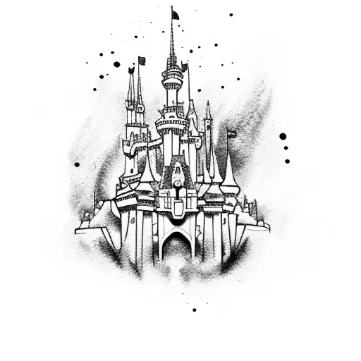 Disney castle with rainbow watercolor splash tattoo design idea
