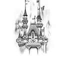 Disney castle with rainbow watercolor splash tattoo design idea