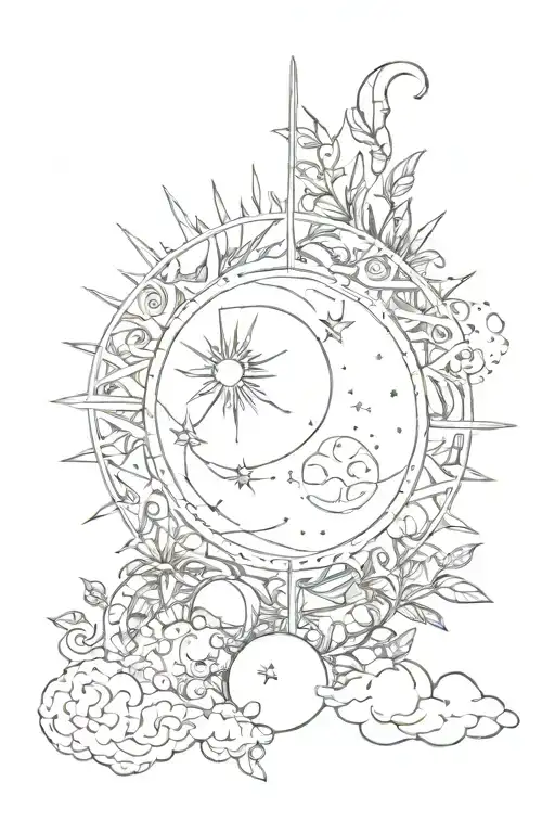 sun and moon merged with earthy elements coming from the top and bottom tattoo design idea