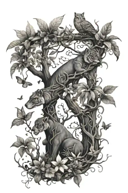 jungle animals hidden within trees, flowers and vines tattoo design idea