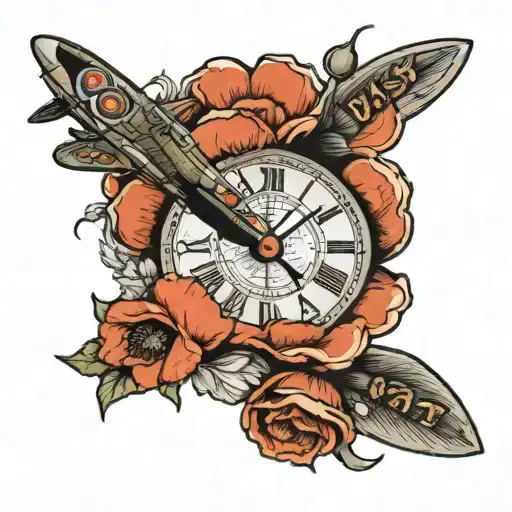 Spitfire over London landscape during the blitz. Poppies and a Clock with arms at 6, 8, 12. Numbers 4, 25, 6, 13 in rays tattoo design idea