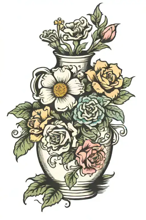 worn ceramic vase with three cartoonish flowers bloomin out of tattoo design idea