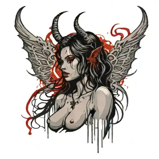 Sexy Nude Black silhouette Woman standing with Horns, torn demonic wings, extremely long nails, and dripping in blood. tattoo design idea