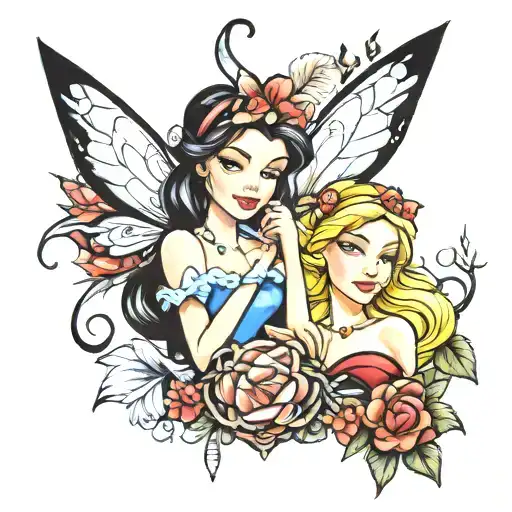 tinkerbell Pocahontas snow white and sleeping beauty disney portrait tattoo design idea