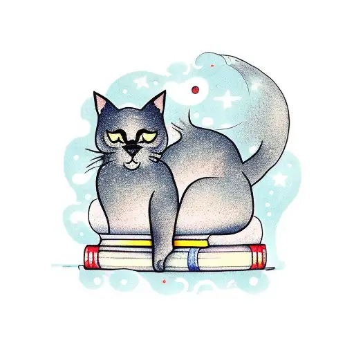A black cat sitting on a stack of books with a starry sky as the backdrop tattoo design idea