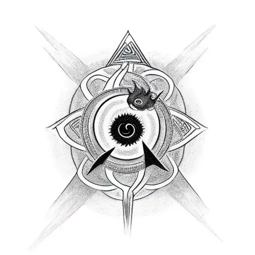 normal muscle tall person with black hair holding yin yang with his arms and back turned. include a pentagram tattoo design idea