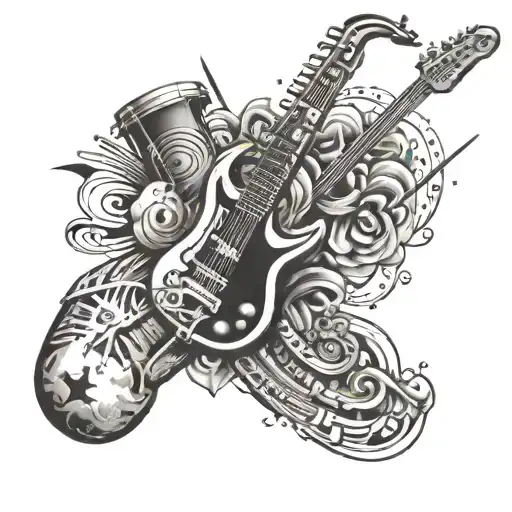Design a sleeve tattoo featuring various musical instruments like saxophone, guitar, and drums surrounded by art motifs tattoo design idea