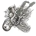 Design a sleeve tattoo featuring various musical instruments like saxophone, guitar, and drums surrounded by art motifs tattoo design idea
