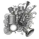Design a sleeve tattoo featuring various musical instruments like saxophone, guitar, and drums surrounded by art motifs tattoo design idea