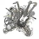 Design a sleeve tattoo featuring various musical instruments like saxophone, guitar, and drums surrounded by art motifs tattoo design idea