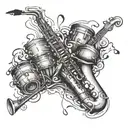 Design a sleeve tattoo featuring various musical instruments like saxophone, guitar, and drums surrounded by art motifs tattoo design idea