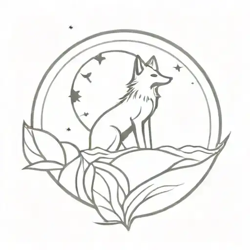 A fox howling at the moon with a lotus flower in the background tattoo design idea
