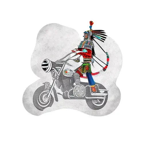 An Aztec warrior riding a motorcycle, blending elements of Mexican culture and modern transportation, in a new-school style tattoo design idea