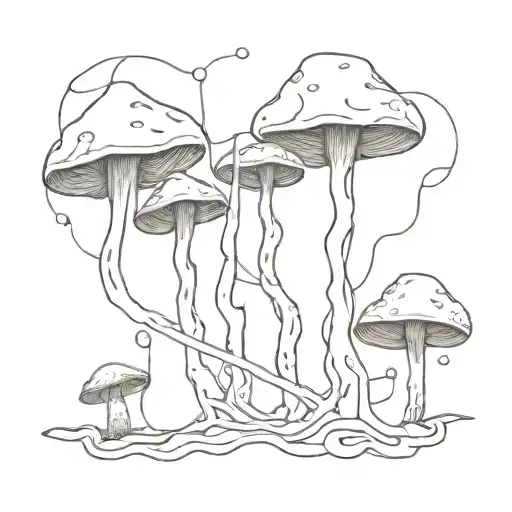 Abstract mycelium network intertwined with mushrooms tattoo design idea