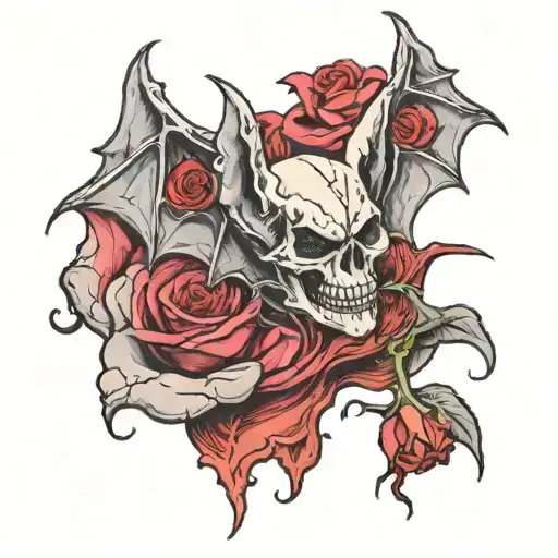 bat w exposed skeleton and heart inside, a large rose behind it blending with the wings. Black and gray, detailed shadin tattoo design idea