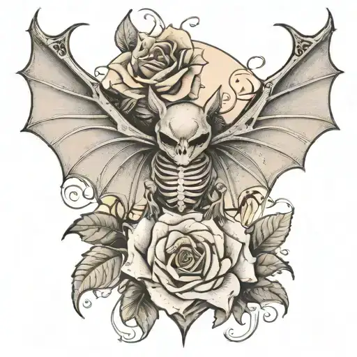 bat w exposed skeleton and heart inside, a large rose behind it blending with the wings. Black and gray, detailed shadin tattoo design idea
