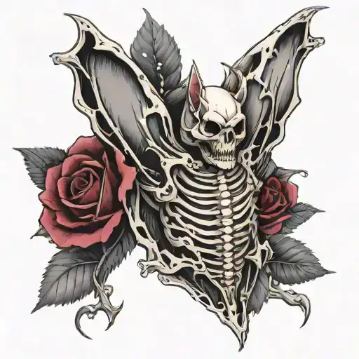 bat w exposed skeleton and heart inside, a large rose behind it blending with the wings. Black and gray, detailed shadin tattoo design idea