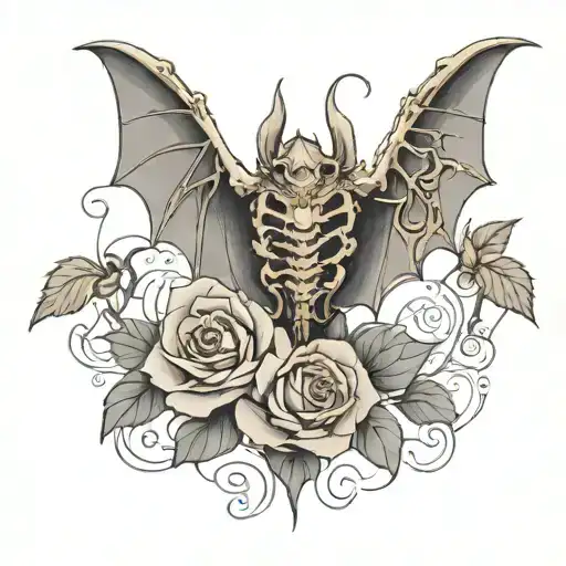 bat w exposed skeleton and heart inside, a large rose behind it blending with the wings. Black and gray, detailed shadin tattoo design idea