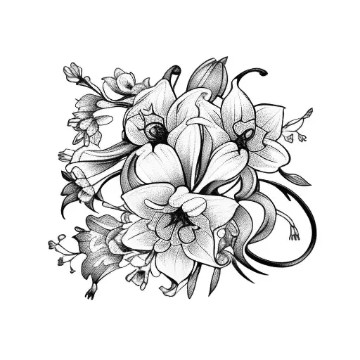 bouquet with daffodils, larkspur, and lily of the valley  tattoo design idea