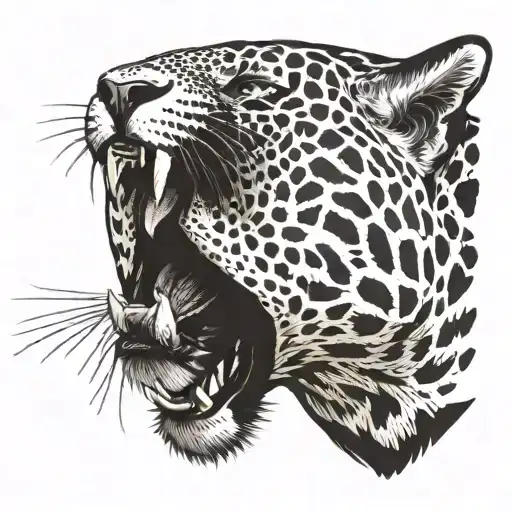 Jaguar with its face looking forward showing its fangs, neck seen from the side with a mark. tattoo design idea
