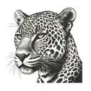 Jaguar with its face looking forward with serenity, neck seen from the side with a highlight tattoo design idea