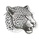 Jaguar with its face looking forward showing its fangs, neck seen from the side with a mark. tattoo design idea