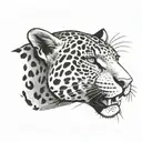 Jaguar with its face looking forward showing its fangs, neck seen from the side with a mark. tattoo design idea