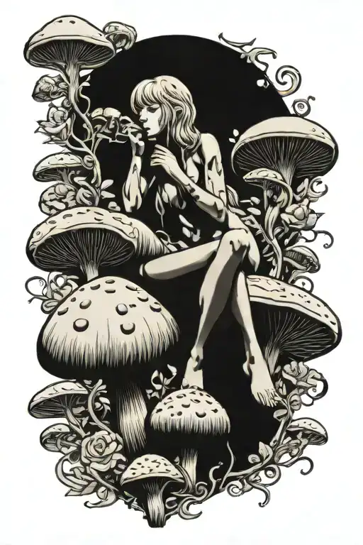nude girl smoking on top of a mushroom tattoo design idea