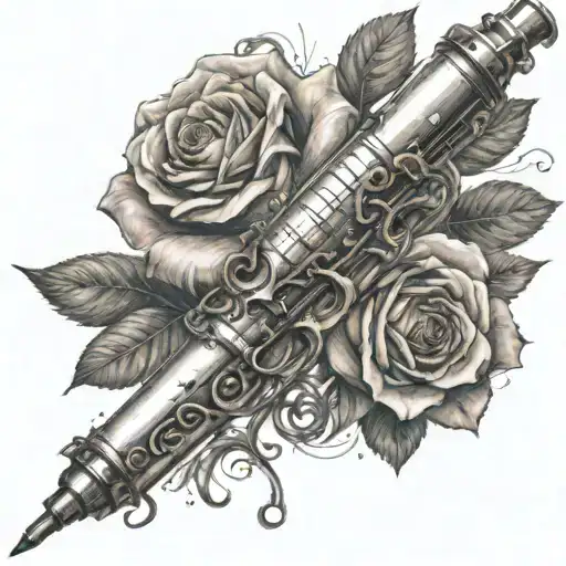 A tattoo design of a vintage syringe with a withered rose wrapped around it, symbolizing the beauty and pain of medical procedures, with elements of the Hades and Persephone myth to add a mythical touch tattoo design idea