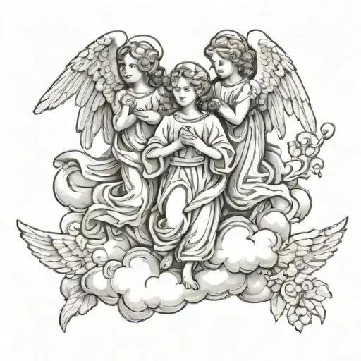 three angels in clouds floating tattoo design idea