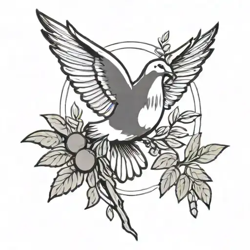 A minimalist black-grey tattoo of a dove carrying an olive branch, representing peace and religious symbolism tattoo design idea