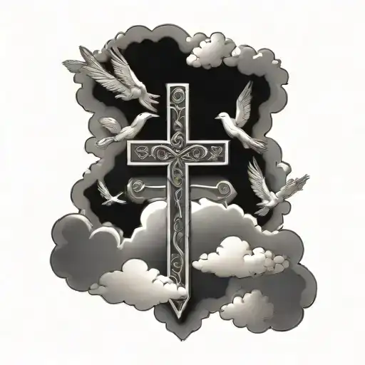 crosses, doves, clouds tattoo design idea