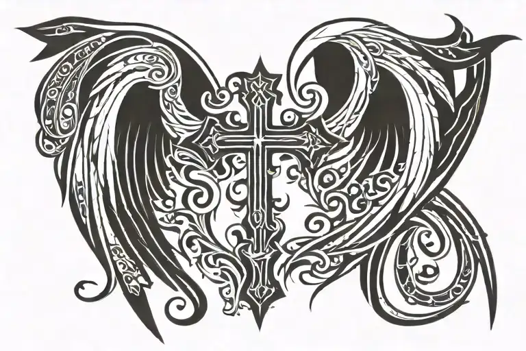 Cross angel wings tattoo design idea