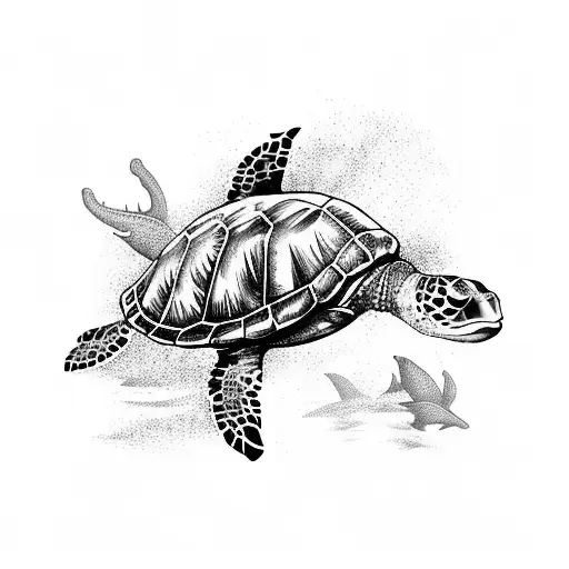 A majestic underwater scene with sea turtles, dolphins, and colorful coral reefs tattoo design idea