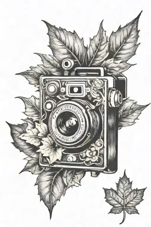 rosery,maple leaf,old camera  tattoo design idea