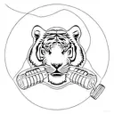 A minimalist design of a Siberian tiger with exercise equipment like dumbbells and resistance bands around it tattoo design idea