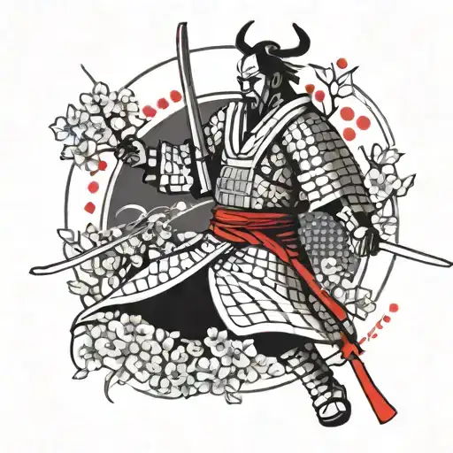 Samurai Under Cherry Blossom With Falling Petals. Samurai Is In Black And White With Red Eyes. the cherry blois red tattoo design idea