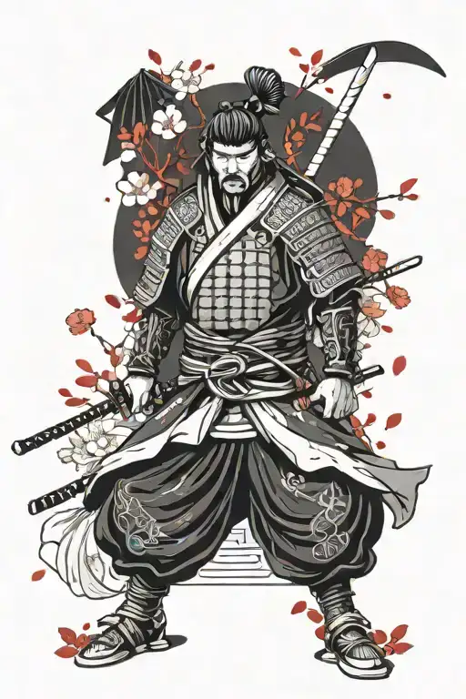 Samurai Under Cherry Blossom With Falling Petals. Samurai Is In Black And White With Red Eyes. the cherry blois red tattoo design idea