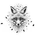 A black and grey portrait of a fox with delicate flower petals falling around it tattoo design idea