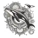 mandala incorporating the moon, stars, orca whale and ocean imagery tattoo design idea