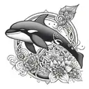 mandala incorporating the moon, stars, orca whale and ocean imagery tattoo design idea