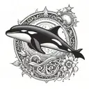 mandala incorporating the moon, stars, orca whale and ocean imagery tattoo design idea