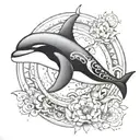 mandala incorporating the moon, stars, orca whale and ocean imagery tattoo design idea