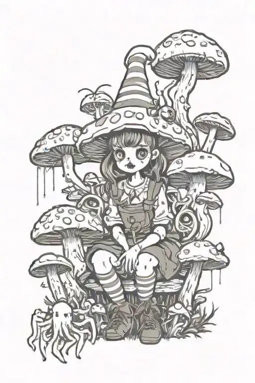 scary, mushrooms, girl, tentacles, spiders, and/or clown and halloween vibes tattoo design idea